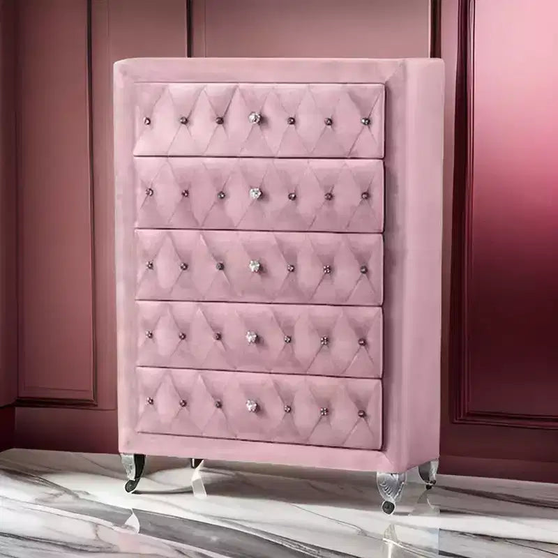 Royal Hampton 49 Inch Tall Dresser Chest, 5 Drawer, Cabriole Legs, Pink Upholstery