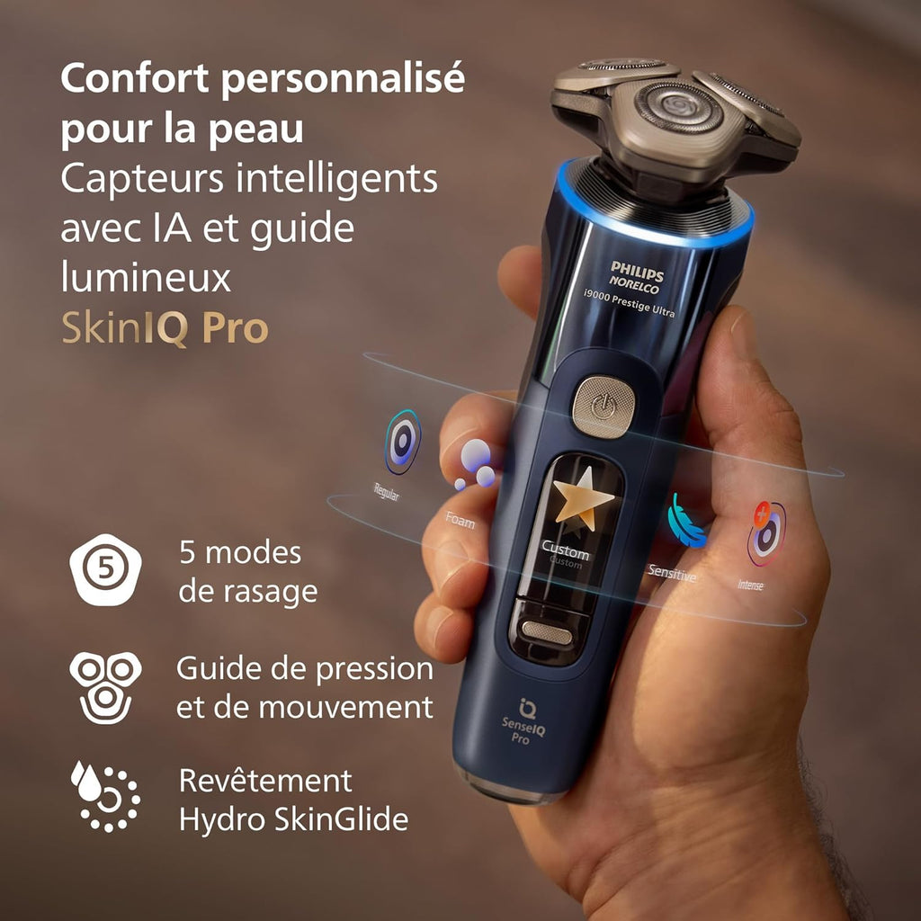 Philips Rasoir i9000 Prestige Ultra, Rasoir électrique 100% étanche, Technologie Skin IQ Pro, Système Triple Lift & Cut, Lames de précision NanoTech rotatives 360°, 5 modes de rasage, XP9401/38