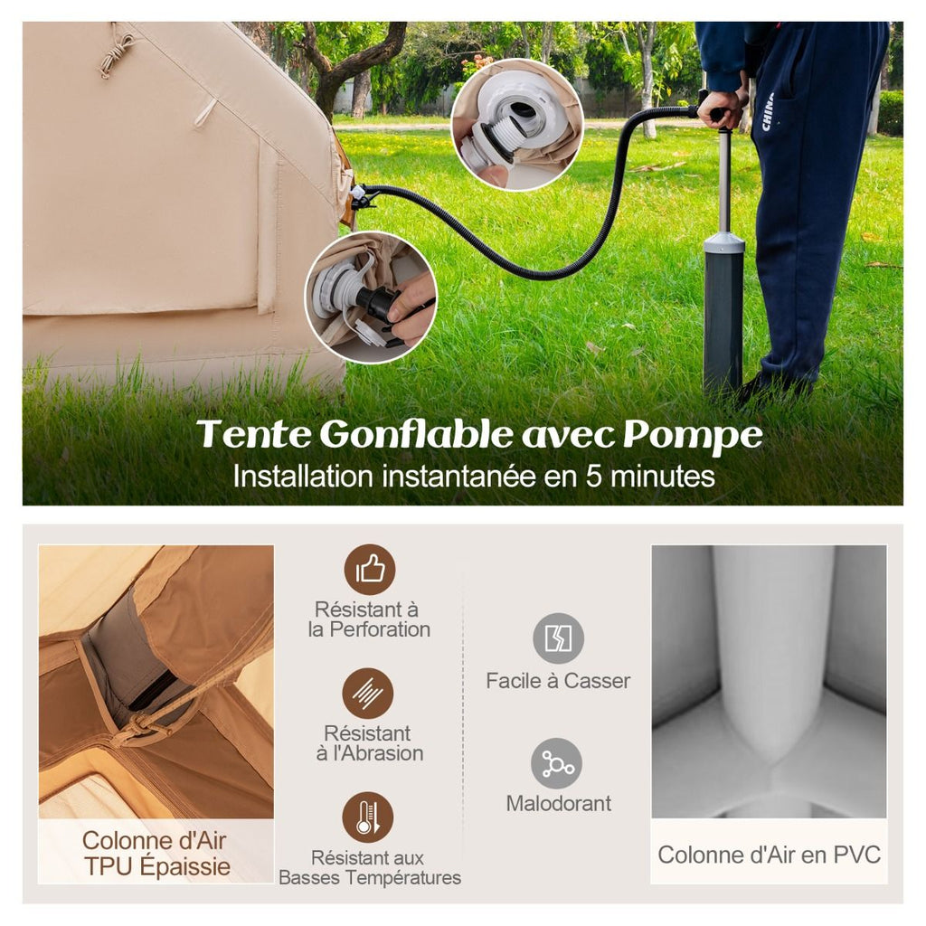 Tente de Camping Gonflable 6 m2 pour 4-6 Personnes Tente en Coton Coupe-vent et Imperméable avec Pompe 7 Fenêtres à Moustiquaire Beige