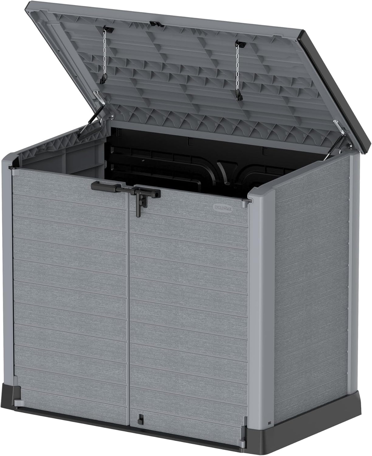 Duramax StoreAway 1200L Plastic Garden Shed/ Flat Lid, Outdoor Storage Shed, Wheelie Bin Hideaways, Wheelie bin box, Durable Construction, Ideal for Bikes, BBQs & 2x 240L Bins, 145x85x125 cm, Brown