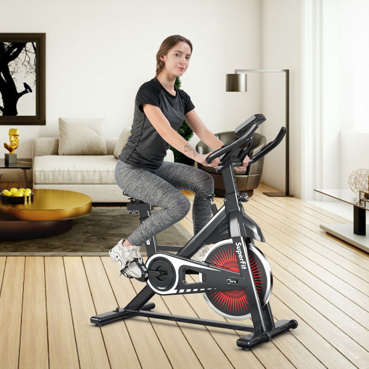 Vélo d’appartement silencieux avec roue et guidon en acier