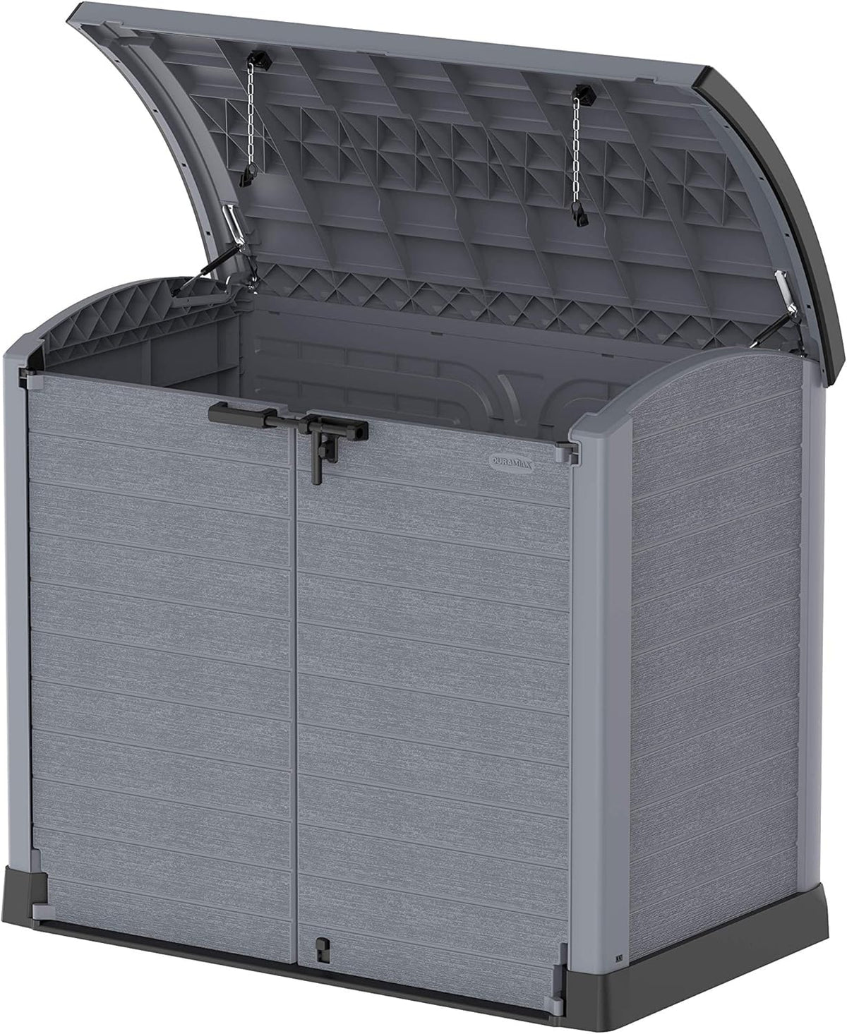 Duramax StoreAway 1200L Plastic Garden Shed/ Flat Lid, Outdoor Storage Shed, Wheelie Bin Hideaways, Wheelie bin box, Durable Construction, Ideal for Bikes, BBQs & 2x 240L Bins, 145x85x125 cm, Brown