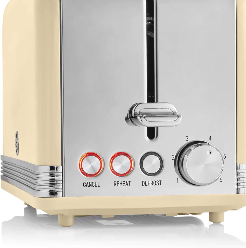 Swan Retro Ensemble Petit-Déjeuner, Bouilloire 1,8 L, Grille-Pain 2 Tranches à Fente Large, Micro-Ondes Numérique 20L, 6 Niveaux de Puissance, Minuteur, Porte Miroir, Design Vintage, Crème