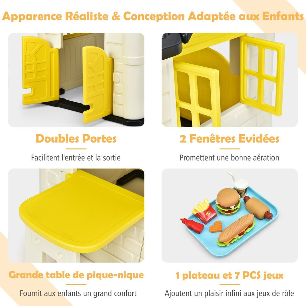 Maison Chef House -Thème Burger Bar - Table de Pique Nique Cabane de Jardin Anti-UV en Plastique 164x124x132 cm Bleu/Rose/Jaune