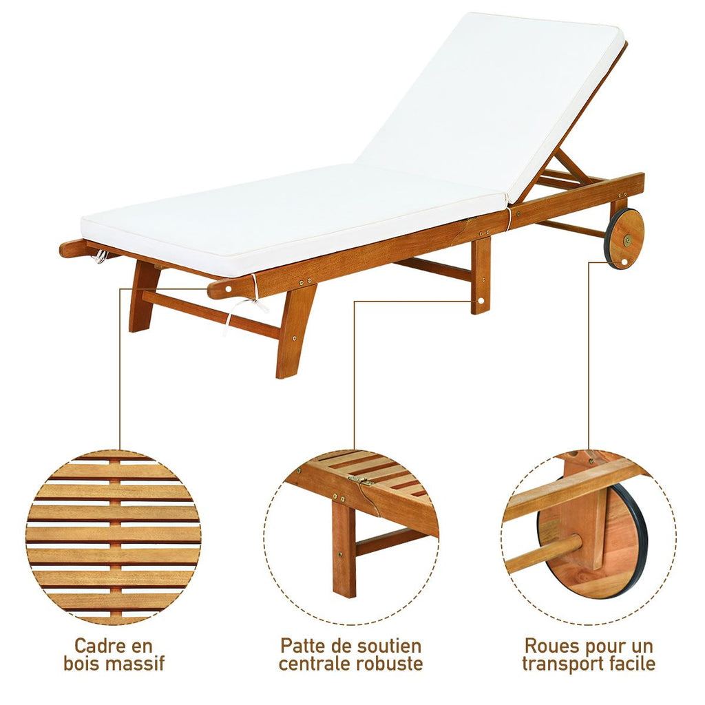 Chaise Longue Pliable en Bois avec 2 Roues et un Coussin Amovible Dossier Réglable Capacité Portante 160KG Idéal pour L’extérieur