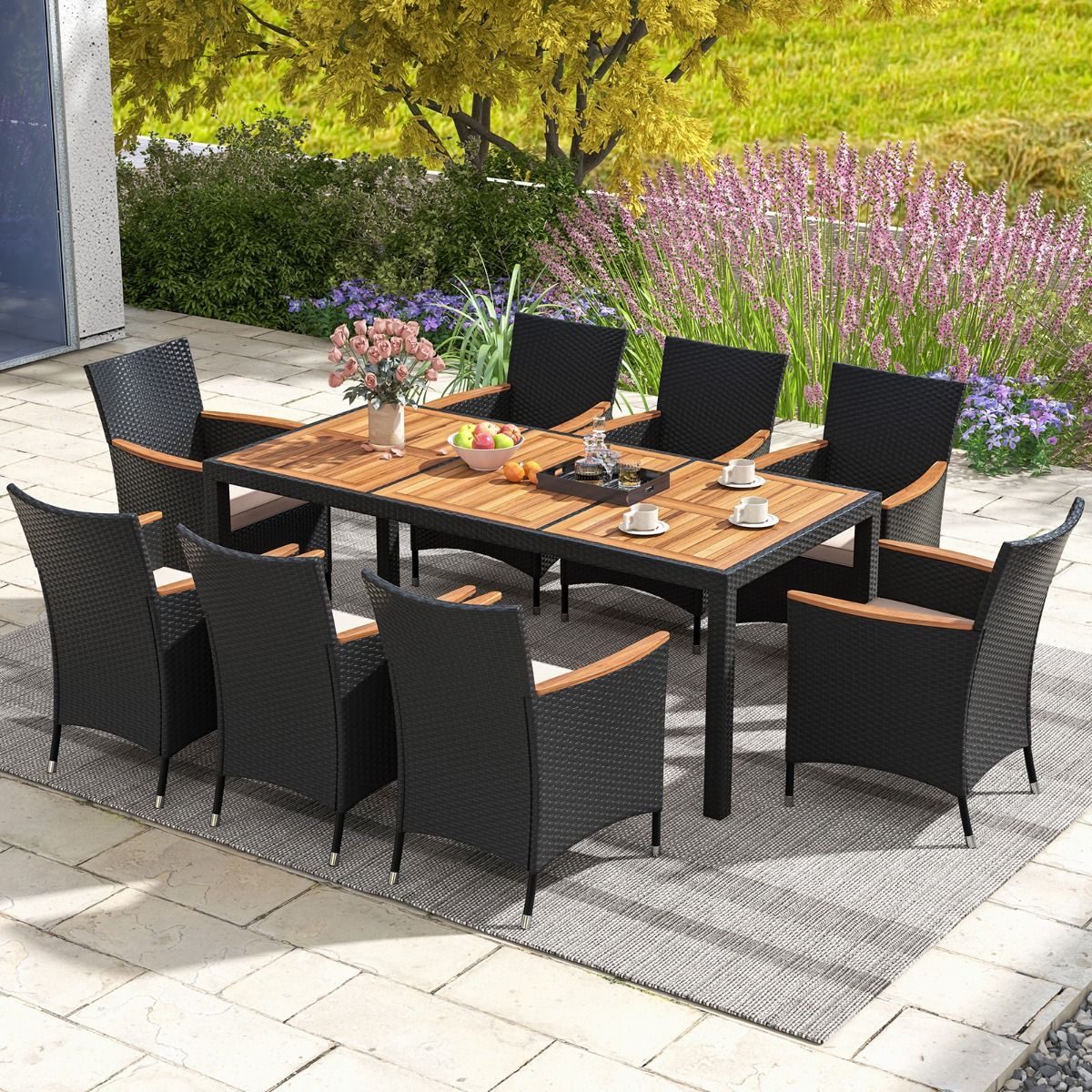 Salon de Jardin en Rotin 9 Pièces Plateau de Table en Acacia Ensemble de Salle à Manger avec Coussins Amovibles Trou Charge 180KG Beige+Noir