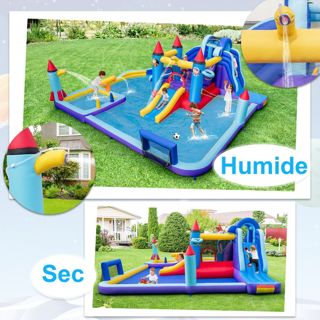 Chateau Gonflable à Toboggans Aquatiques Thème de La Fusée pour Enfants Piscine Zone de Saut Pistolet à Eau Escalade Souffleur de 850 W Multicolore