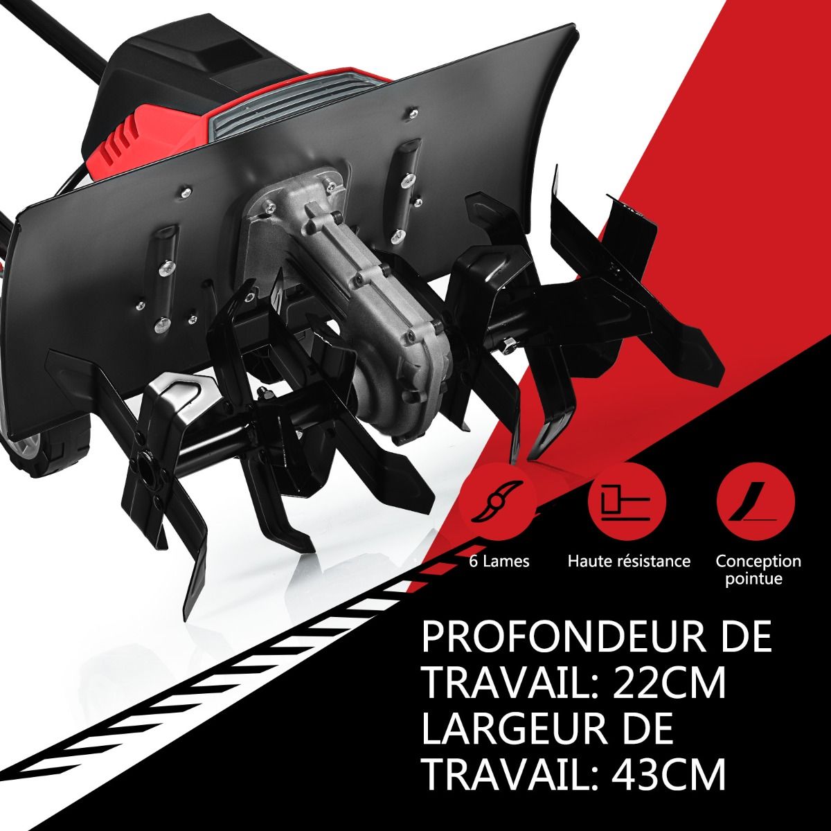 Motobineuse Motoculteur électrique 1500W Profondeur Travail 22CM Largeur 43CM avec Poignée Pliable Roues Réglables 6 Lames