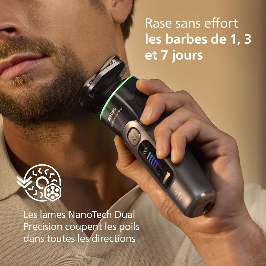 Philips Rasoir i9000 Prestige Ultra, Rasoir électrique 100% étanche, Technologie Skin IQ Pro, Système Triple Lift & Cut, Lames de précision NanoTech rotatives 360°, 5 modes de rasage, XP9401/38