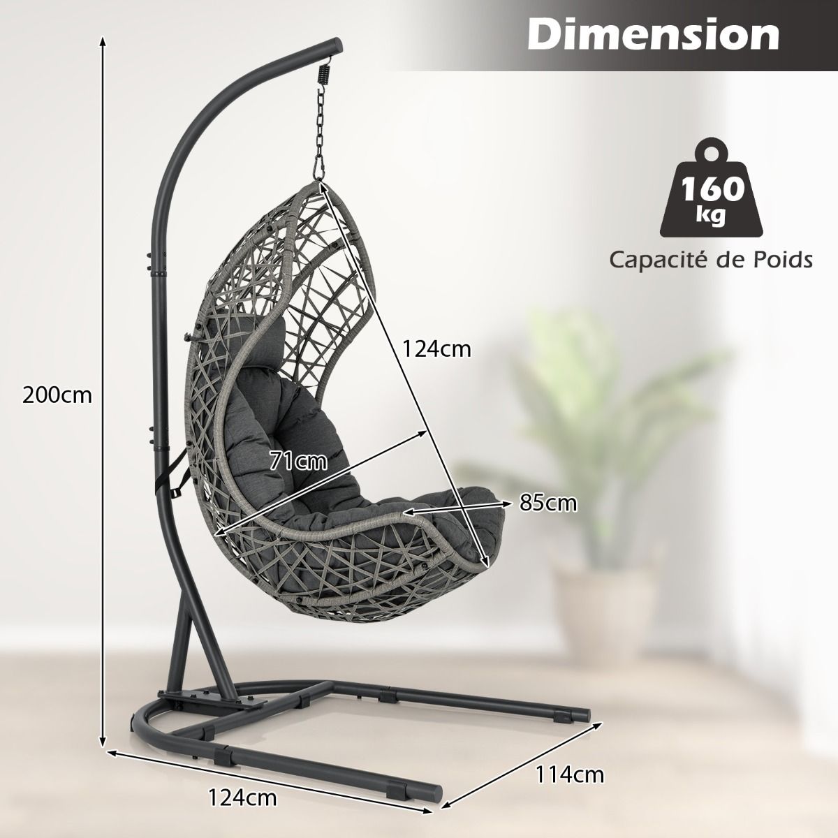 Chaise Oeuf en Rotin PE avec Support avec Oreiller et Coussin Chaise Suspendue avec Accessoires de Suspension Capacité 160 Kg Gris