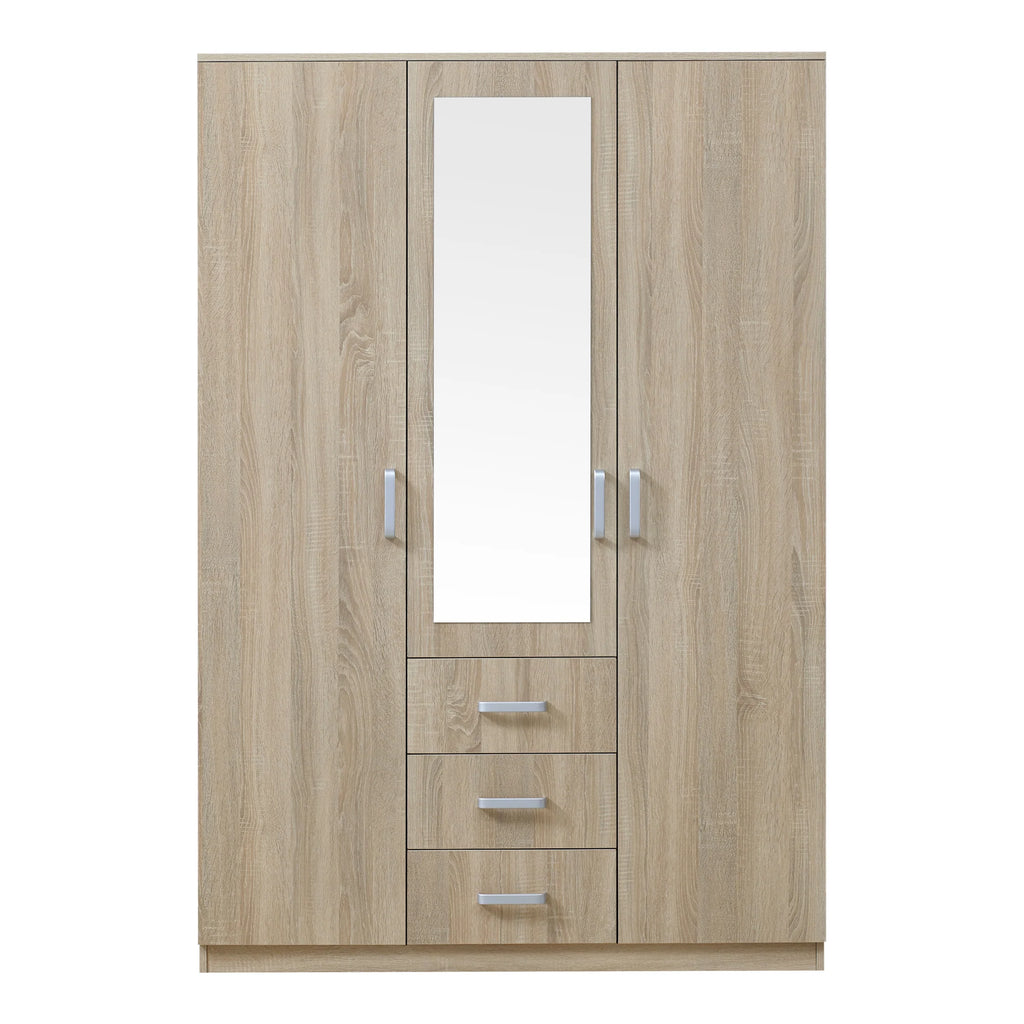 Armoire de chambre garde-robe moderne meuble de rangement intemporel 5 étagères 3 tiroirs + miroir MDF 176 x 120 x 52 cm effet chêne sonoma 03_0006369