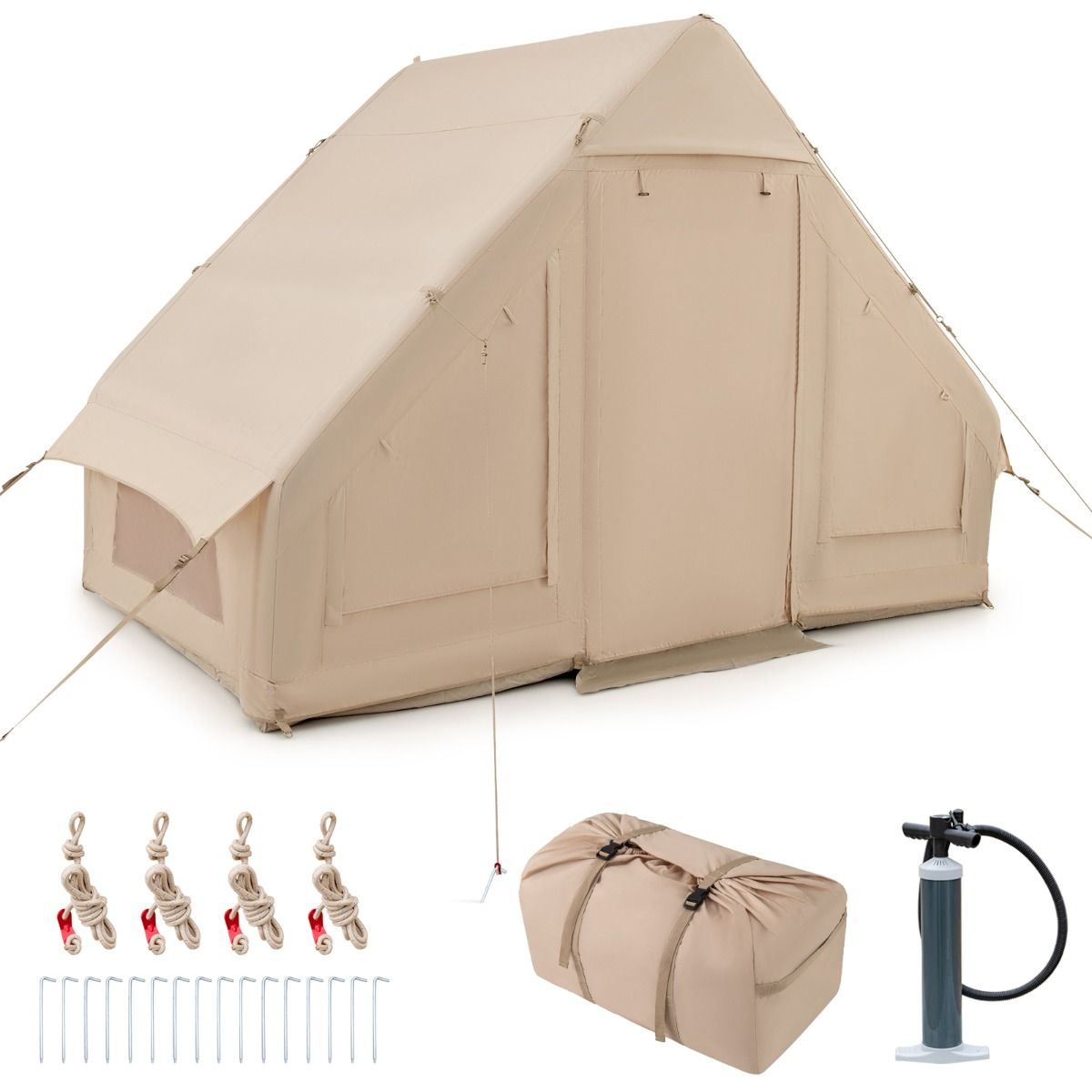 Tente de Camping Gonflable 6 m2 pour 4-6 Personnes Tente en Coton Coupe-vent et Imperméable avec Pompe 7 Fenêtres à Moustiquaire Beige