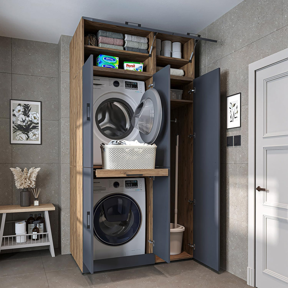 ROOMART Dora - Armoire de machine à laver - Pour sèche-linge et machine à laver - En 4 couleurs - Avec portes et panneau coulissant - Blanc - Chêne blanc - Chêne anthracite - Chêne blanc (chêne blanc)