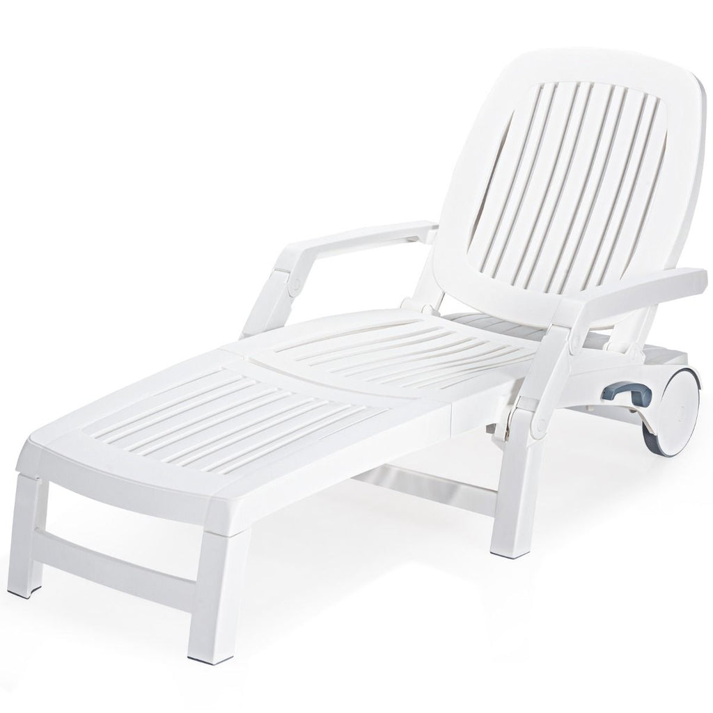 Chaise Longue Inclinable Réglable à 5 Positions avec Roues Flexibles Fauteuil Relax de Camping avec Bo?te de Rangement Charge 150KG Blanc
