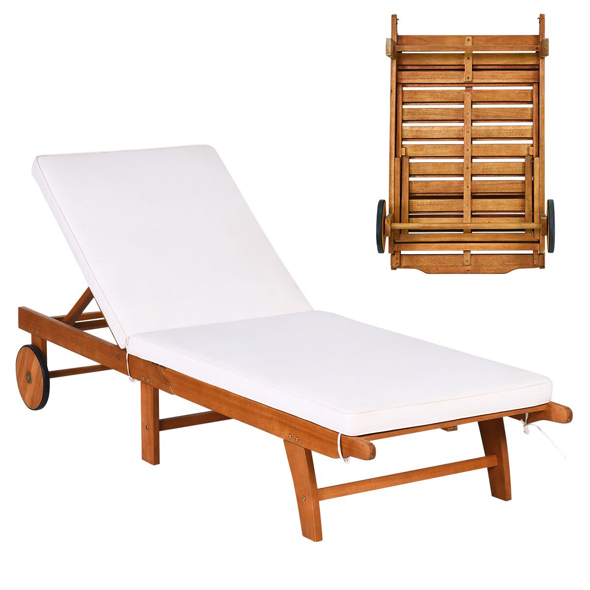 Chaise Longue Pliable en Bois avec 2 Roues et un Coussin Amovible Dossier Réglable Capacité Portante 160KG Idéal pour L’extérieur
