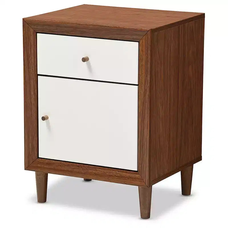 Harlow Mid-Century Modern Scandinavian Style Wood 1-Drawer & 1-Door Nightstand: Rubberwood Frame, Two-Tone Finish