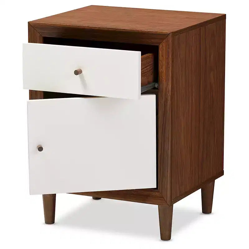 Harlow Mid-Century Modern Scandinavian Style Wood 1-Drawer & 1-Door Nightstand: Rubberwood Frame, Two-Tone Finish
