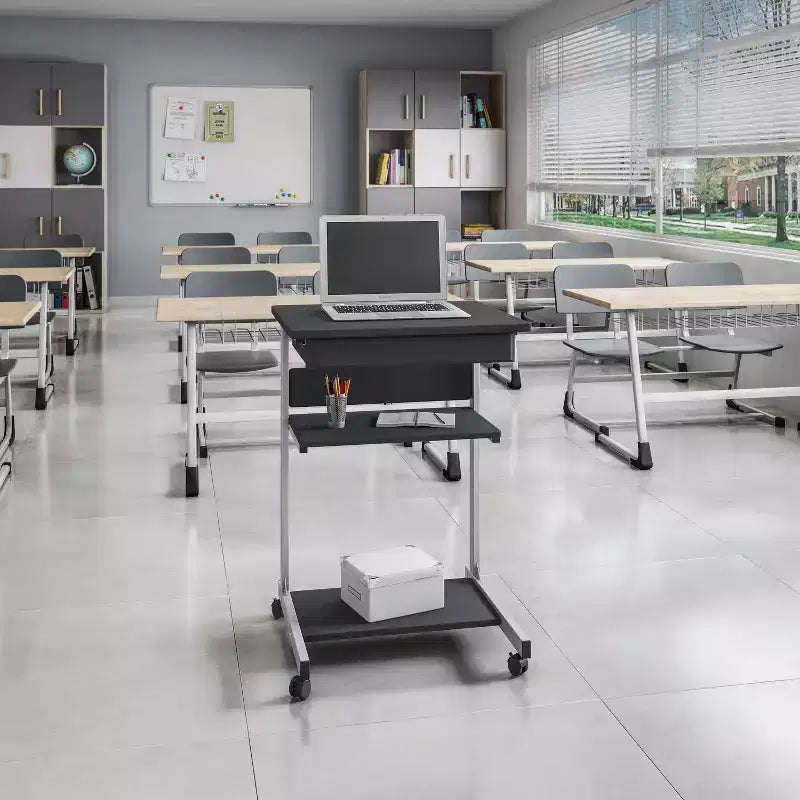 Rolling Laptop Cart with Storage Black - Techni Mobili: Mobile Workstation with Lockable Wheels, MDF Panel
