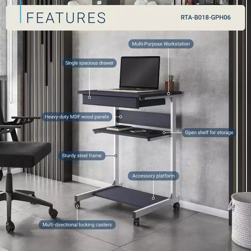 Rolling Laptop Cart with Storage Black - Techni Mobili: Mobile Workstation with Lockable Wheels, MDF Panel