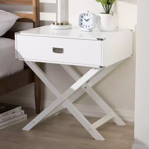Curtice 1 Drawer Wooden Nightstand White - Baxton Studio: Modern Hardwood & MDF, Polished Brass Hardware, Anti-Tip Included