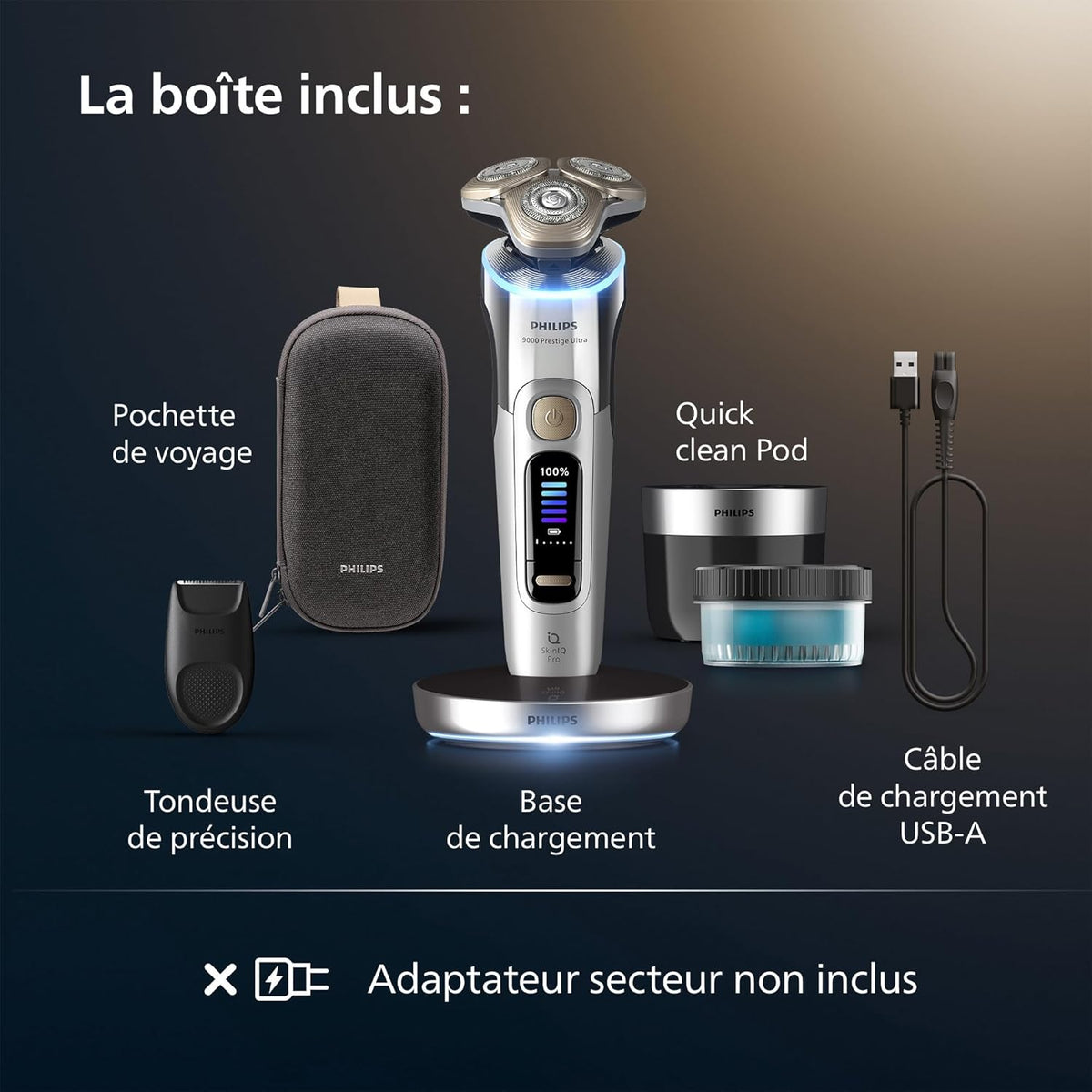 Philips Rasoir i9000 Prestige Ultra, Rasoir électrique 100% étanche, Technologie Skin IQ Pro, Système Triple Lift & Cut, Lames de précision NanoTech rotatives 360°, 5 modes de rasage, XP9401/38