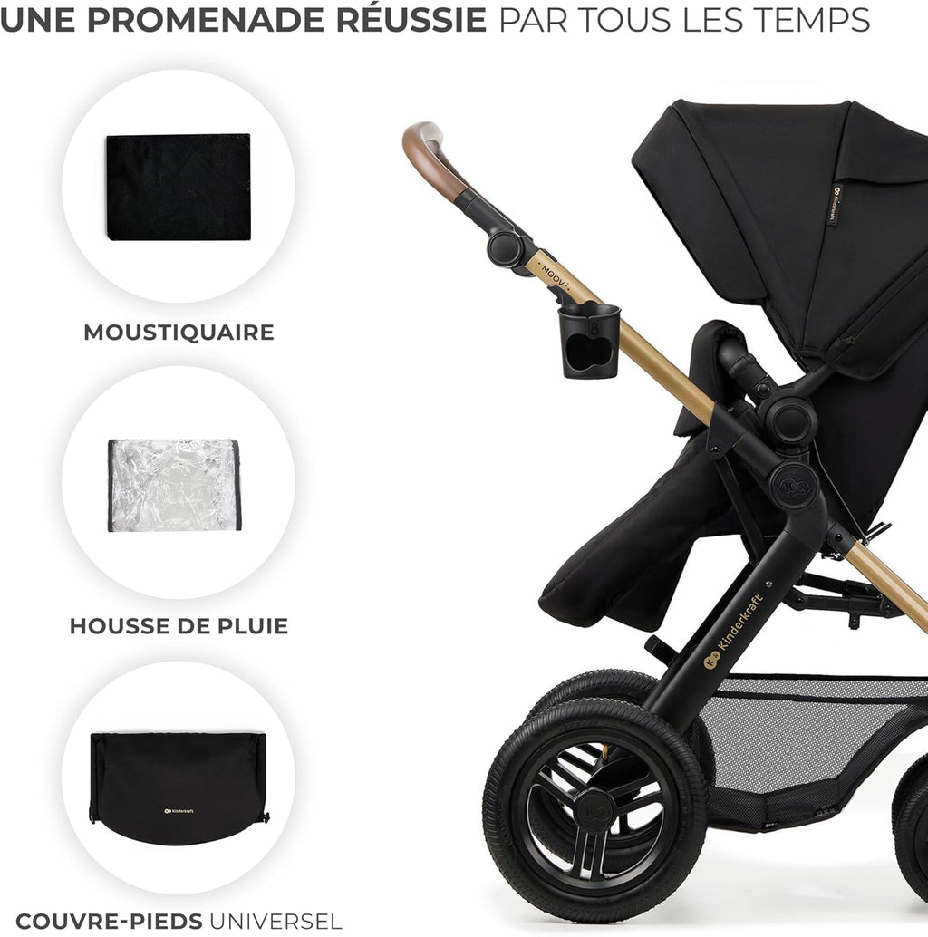 Kinderkraft MOOV2 Poussette 3 en 1, Système de voyage de la naissance à 27 kg, Siège auto Mink PRO I-Size inclus, Capote extensible avec filtre UPF50+, Accessoires pratiques, Gris