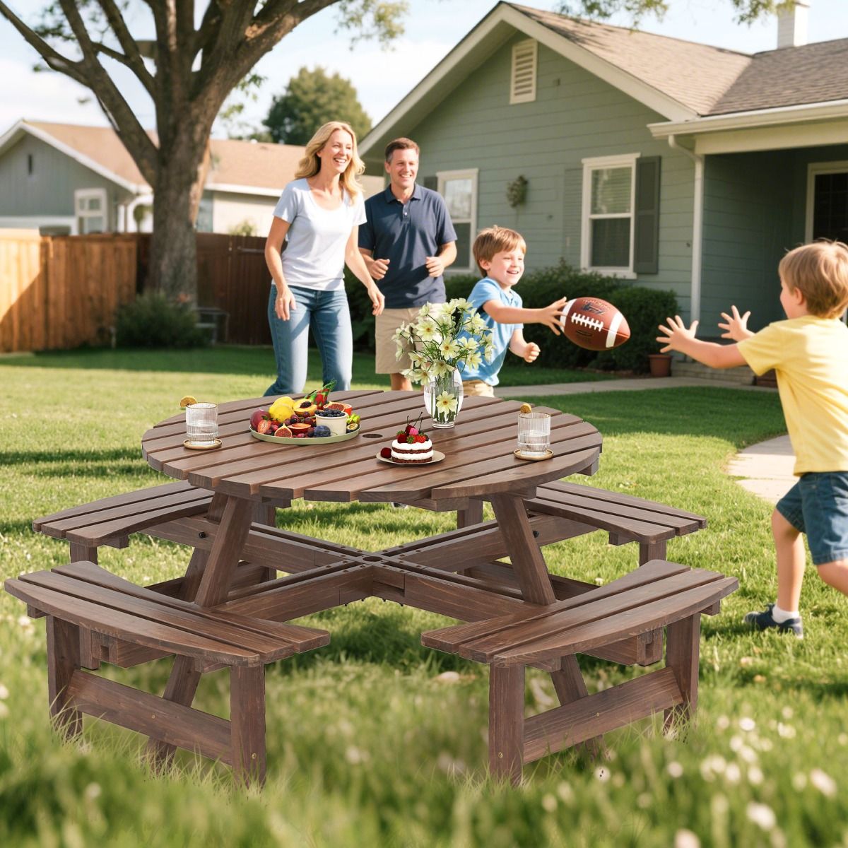 Ensemble Table de Pique-Nique en Bois pour 2 à 8 Personnes Set Table et Banc Circulaire avec 4 Bancs Intégrés Trou de Parasol de 5cm Marron/Jaune