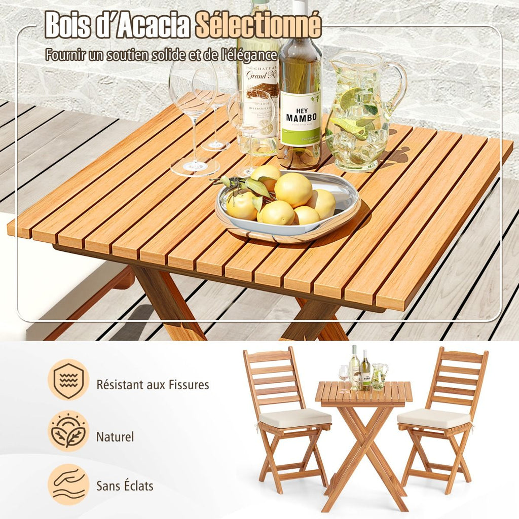 Ensemble Bistrot d'Extérieur en Bois d'Acacia Ensemble de Chaises Pliantes et Table Coussins de Siège Sans Accoudoirs à Dossier Haut Blanc