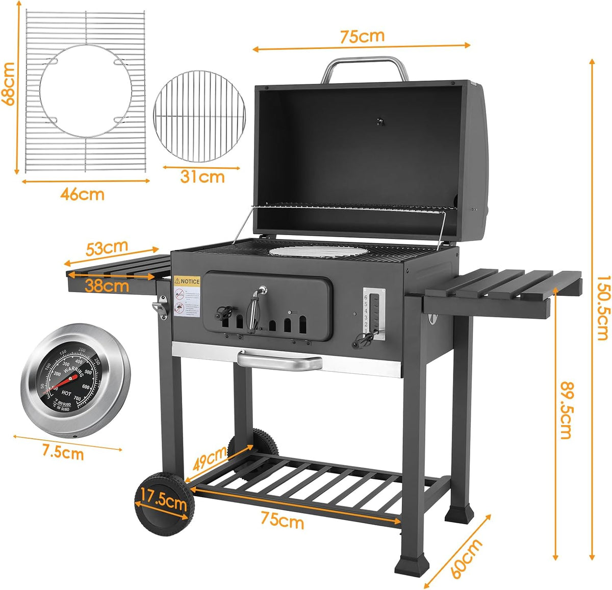 Barbecue Charbon de Bois XL, Chariot à Barbecue, Grill XL à Charbon avec Couvercle, Roues et Thermomètre, Réglable en Hauteur, Grand Barbecue au Charbon de Bois, pour Camping et Jardin, Noir