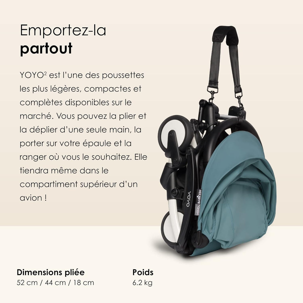 Poussette BABYZEN YOYO2 6+ (Cadre noir + pack couleur Aqua) - Comprend un harnais, un dossier, des arceaux de capote, une bandoulière, un coussin d’assise, et une capote assortie