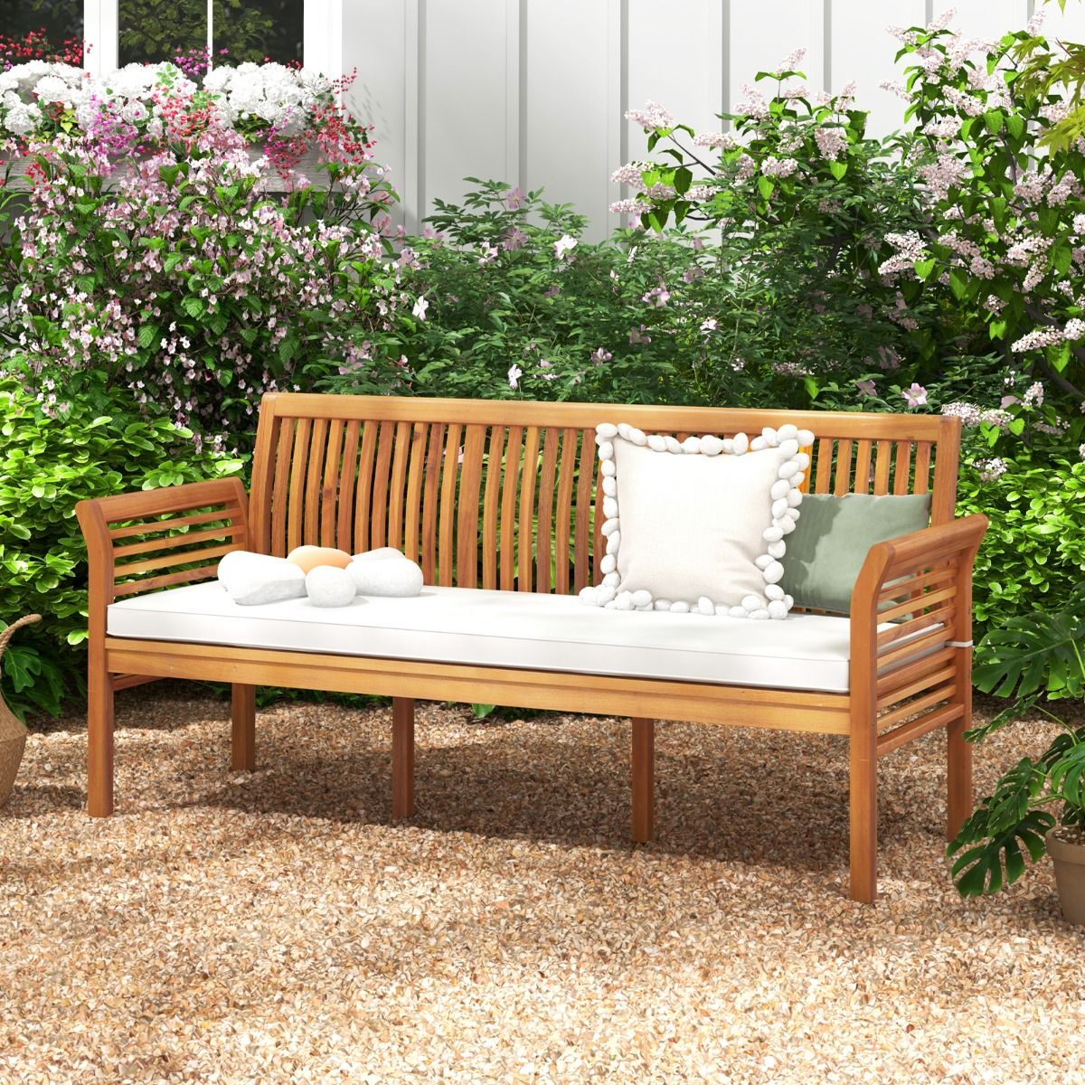 Banc de Terrasse en Bois 3 Places Banc en Acacia de 159 cm de Long avec Coussins d'Assise Doux Dossier et Accoudoirs Ergonomiques Blanc