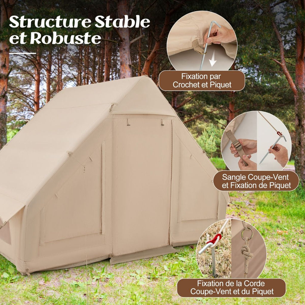 Tente de Camping Gonflable 6 m2 pour 4-6 Personnes Tente en Coton Coupe-vent et Imperméable avec Pompe 7 Fenêtres à Moustiquaire Beige