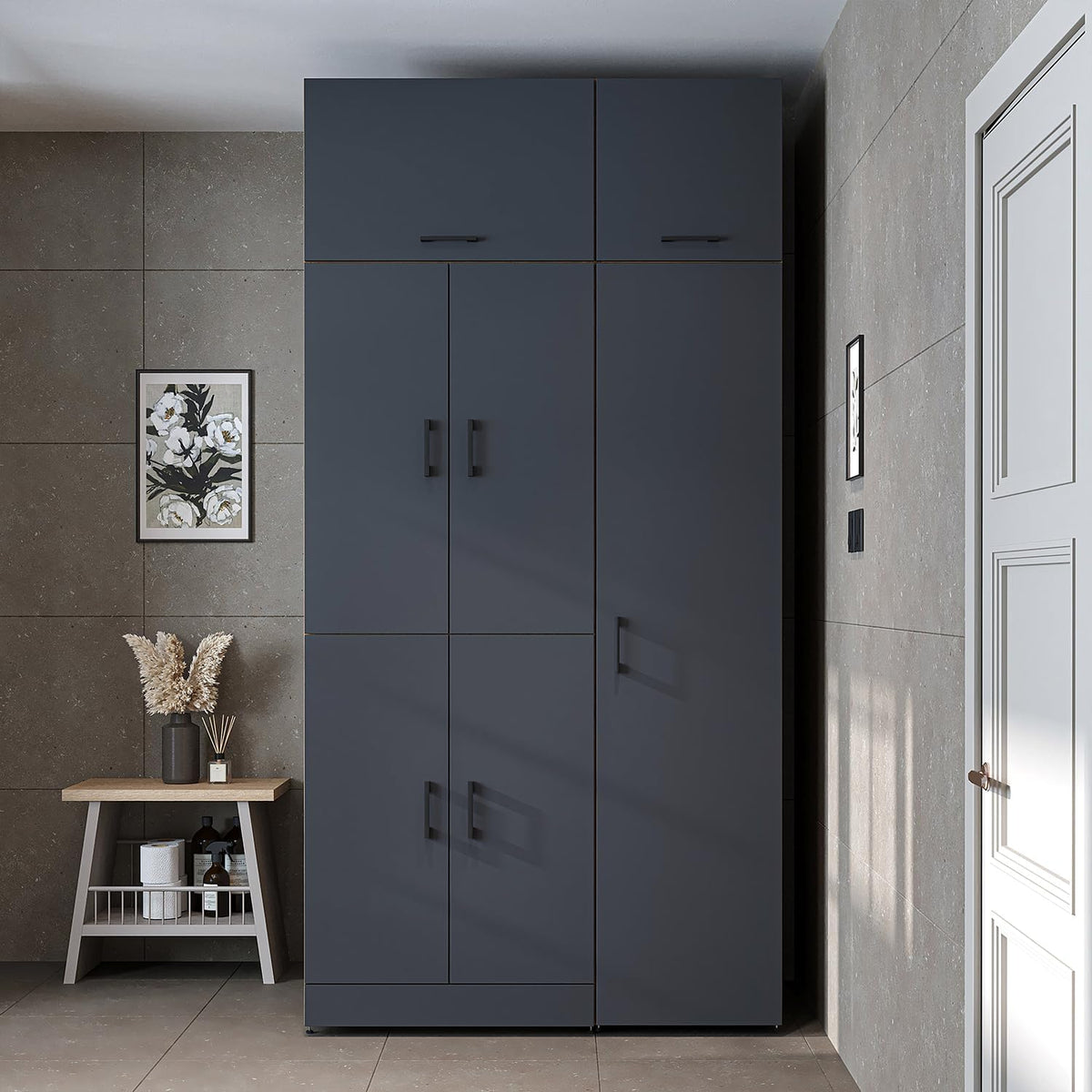 ROOMART Dora - Armoire de machine à laver - Pour sèche-linge et machine à laver - En 4 couleurs - Avec portes et panneau coulissant - Blanc - Chêne blanc - Chêne anthracite - Chêne blanc (chêne blanc)