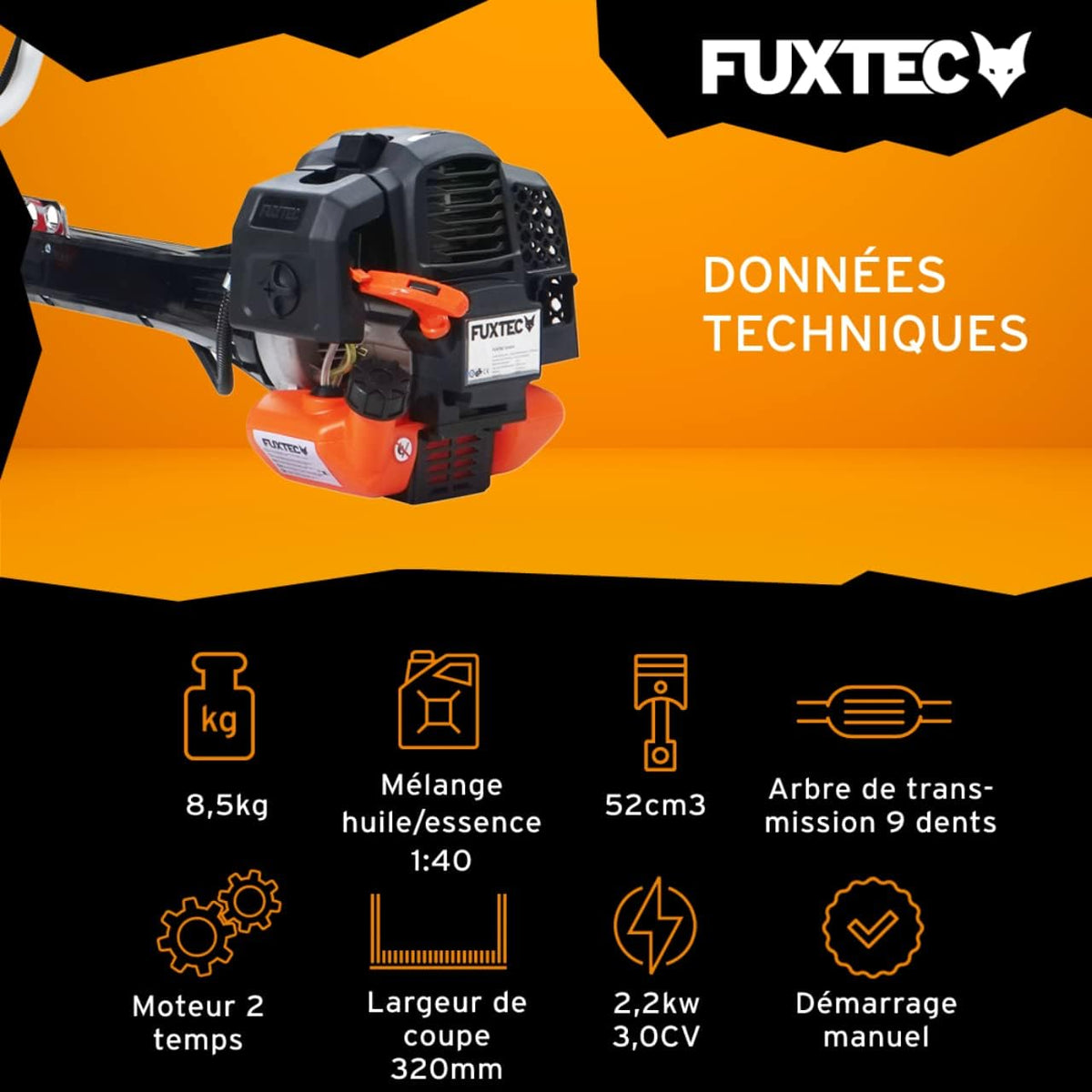 Fuxtec Débroussailleuse Thermique Professionnelle FX-PS152 52 cm3 3CV Système Anti Vibration - 2 en 1 Coupe-Bordure avec Tête de Coupe Double Fil et Lame 3 Dents Modèle Conçu pour Les Pros