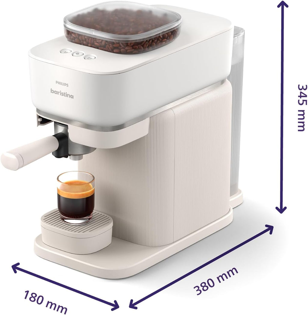 Philips Baristina Machine à expresso - Un véritable expresso, en toute simplicité - Compacte - 16 bars de pression - Broyeur intégré - Machine blanche avec porte-filtre blanc (BAR300/00)