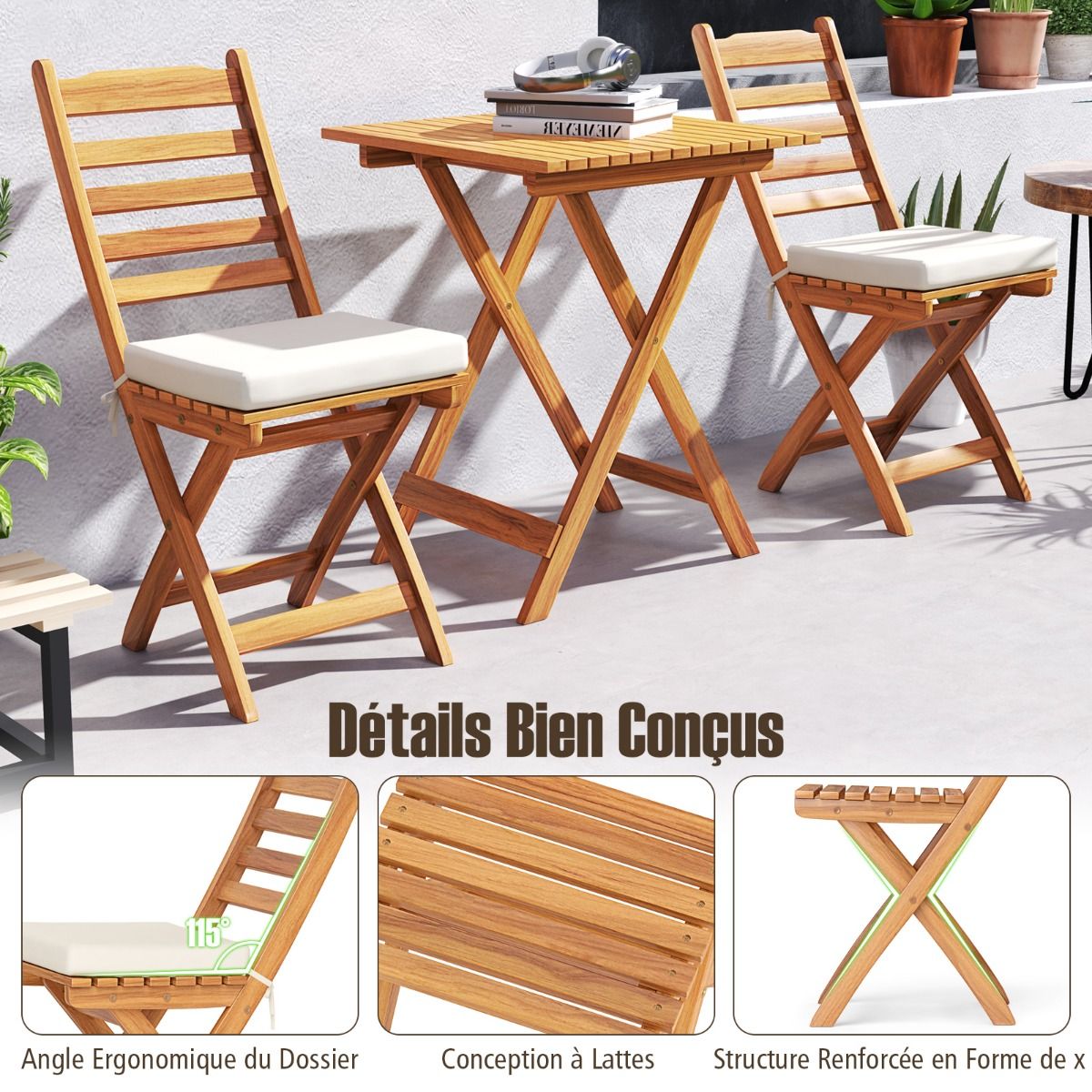 Ensemble Bistrot d'Extérieur en Bois d'Acacia Ensemble de Chaises Pliantes et Table Coussins de Siège Sans Accoudoirs à Dossier Haut Blanc