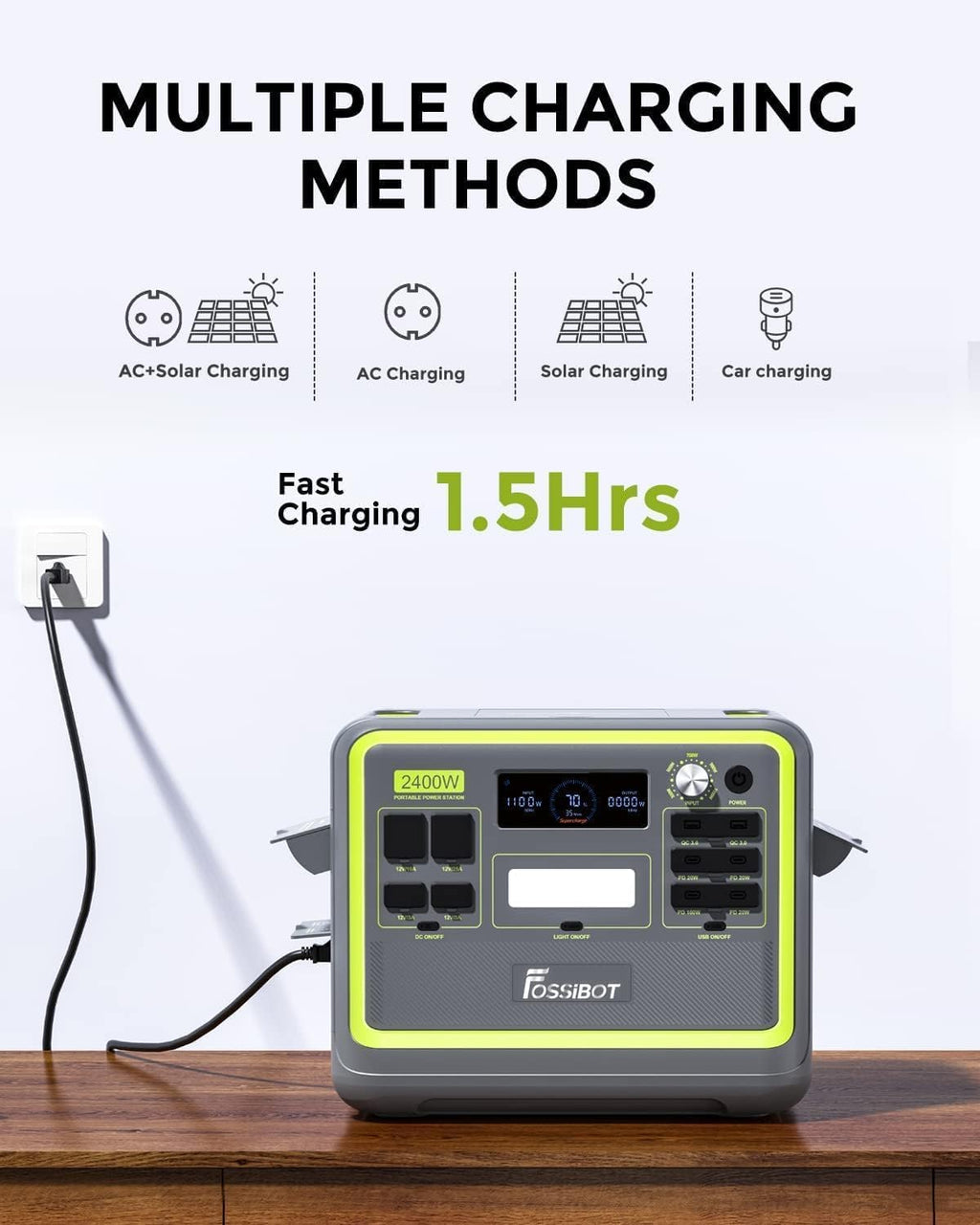 FOSSiBOT F2400 Station électrique portable CA 2400W (4800W Pic), Station Silencieux Solaire 2048Wh LiFePO4, Groupe Générateur électrique Onduleur Alimentation de Secours à Domicile Camping