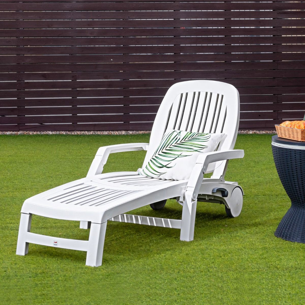 Chaise Longue Inclinable Réglable à 5 Positions avec Roues Flexibles Fauteuil Relax de Camping avec Bo?te de Rangement Charge 150KG Blanc