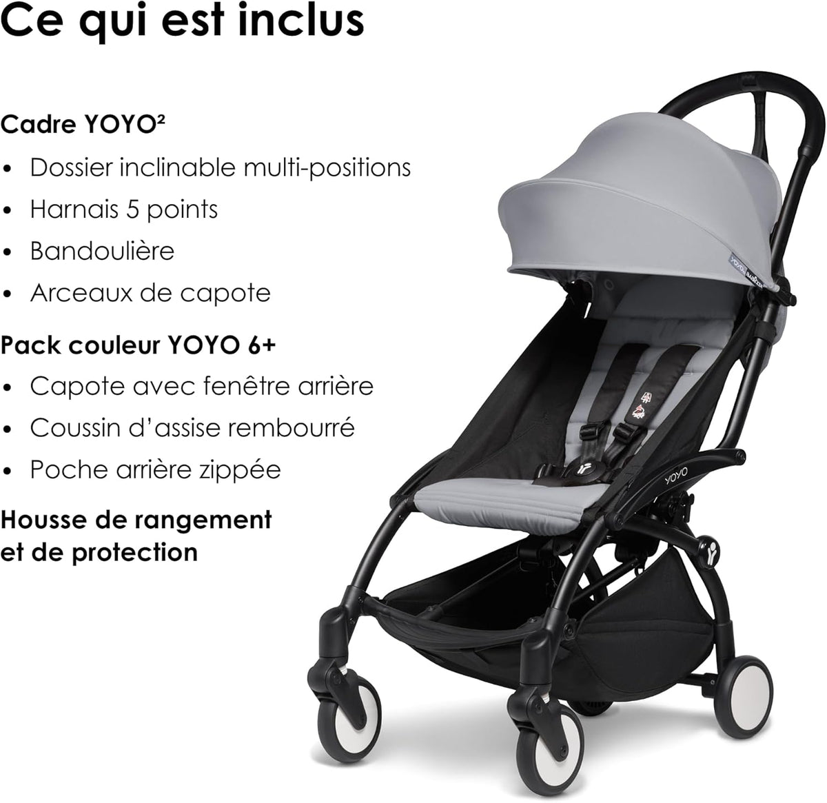 Poussette BABYZEN YOYO2 6+ (Cadre noir + pack couleur Aqua) - Comprend un harnais, un dossier, des arceaux de capote, une bandoulière, un coussin d’assise, et une capote assortie