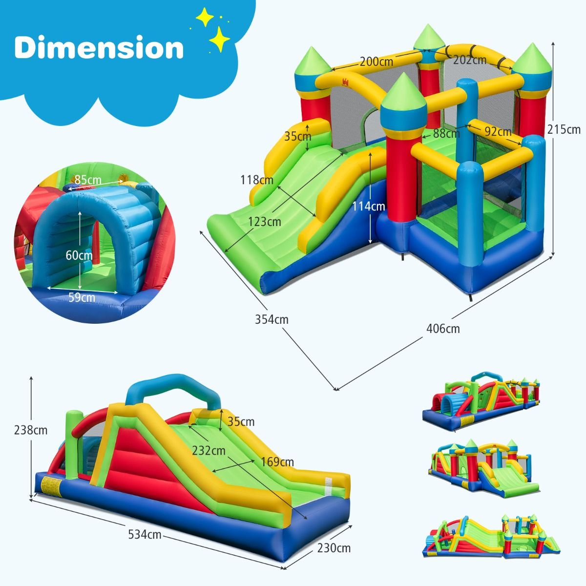 Chateau Gonflable pour 4 Enfants avec 2 Toboggans Tunnels Zone de Rebond Escalade Obstacles Maison de Jeu avec Souffleur de 680 W