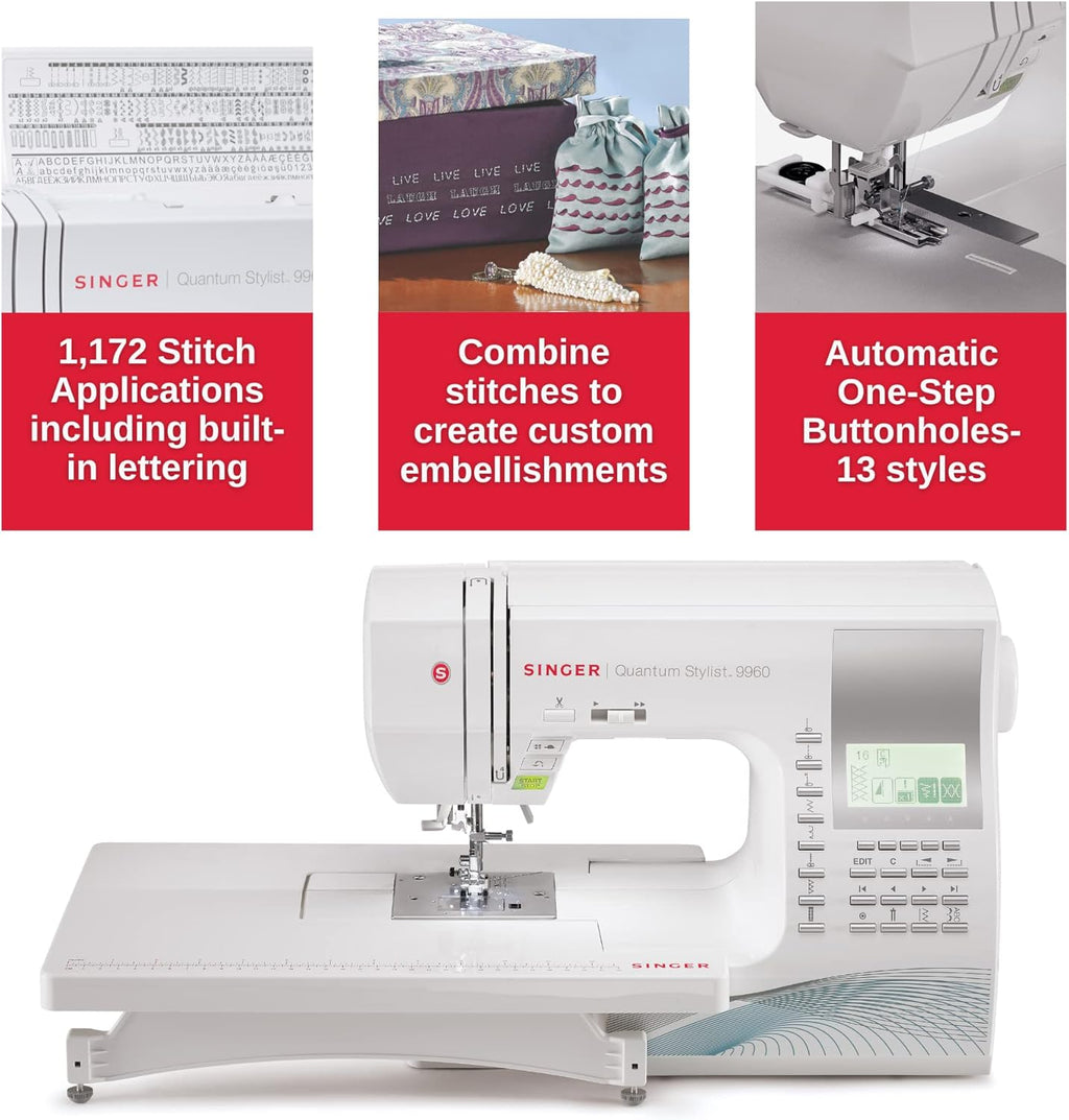 SINGER Quantum Stylist 9960 Computerized Portable Sewing Machine with 600-Stitches Electronic Auto Pilot Mode, Extension Table and Bonus Accessories, Perfect for Customizing Projects