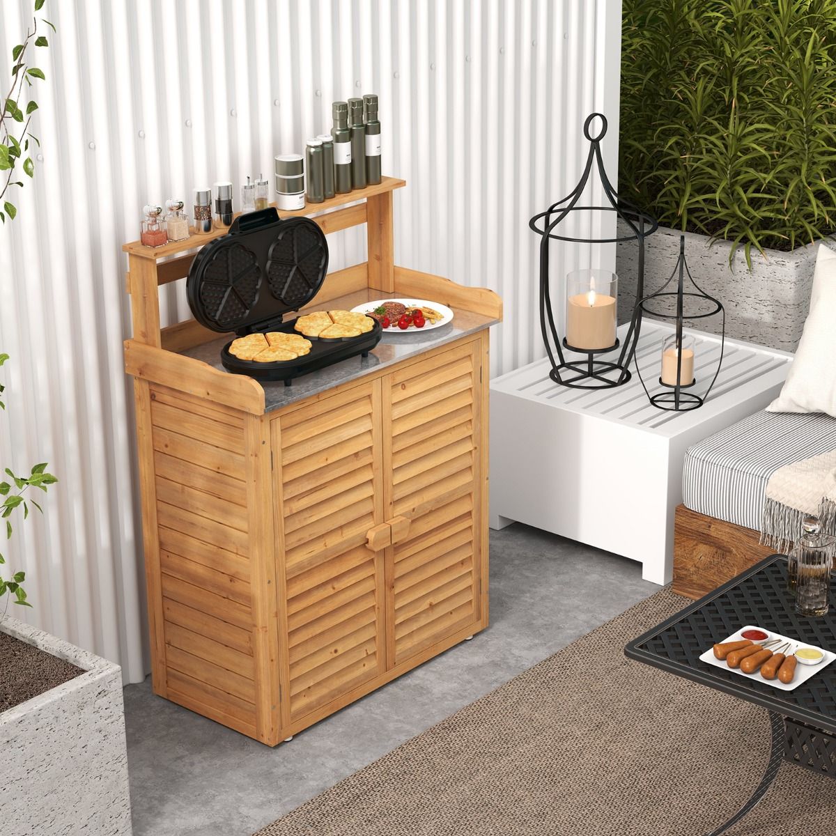 Banc d'Empotage d'Extérieur Table de Jardinage avec Comptoir en Métal Galvanisé 3 Crochets de Suspension Etagères Amovibles Naturel