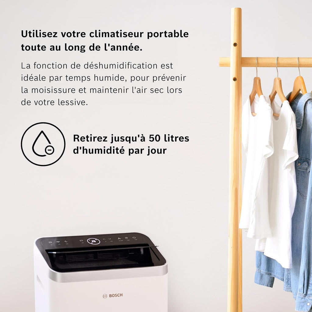 Bosch Cool 4000 Portable AC - 3 en 1 : Climatiseur, Déshumidificateur, Ventilateur - 2,6 kW pour les pièces jusqu'à 35m2 - Avec Mode Auto, Mode Silencieux et Mode Veille (48 db (A)) [Classe A+]