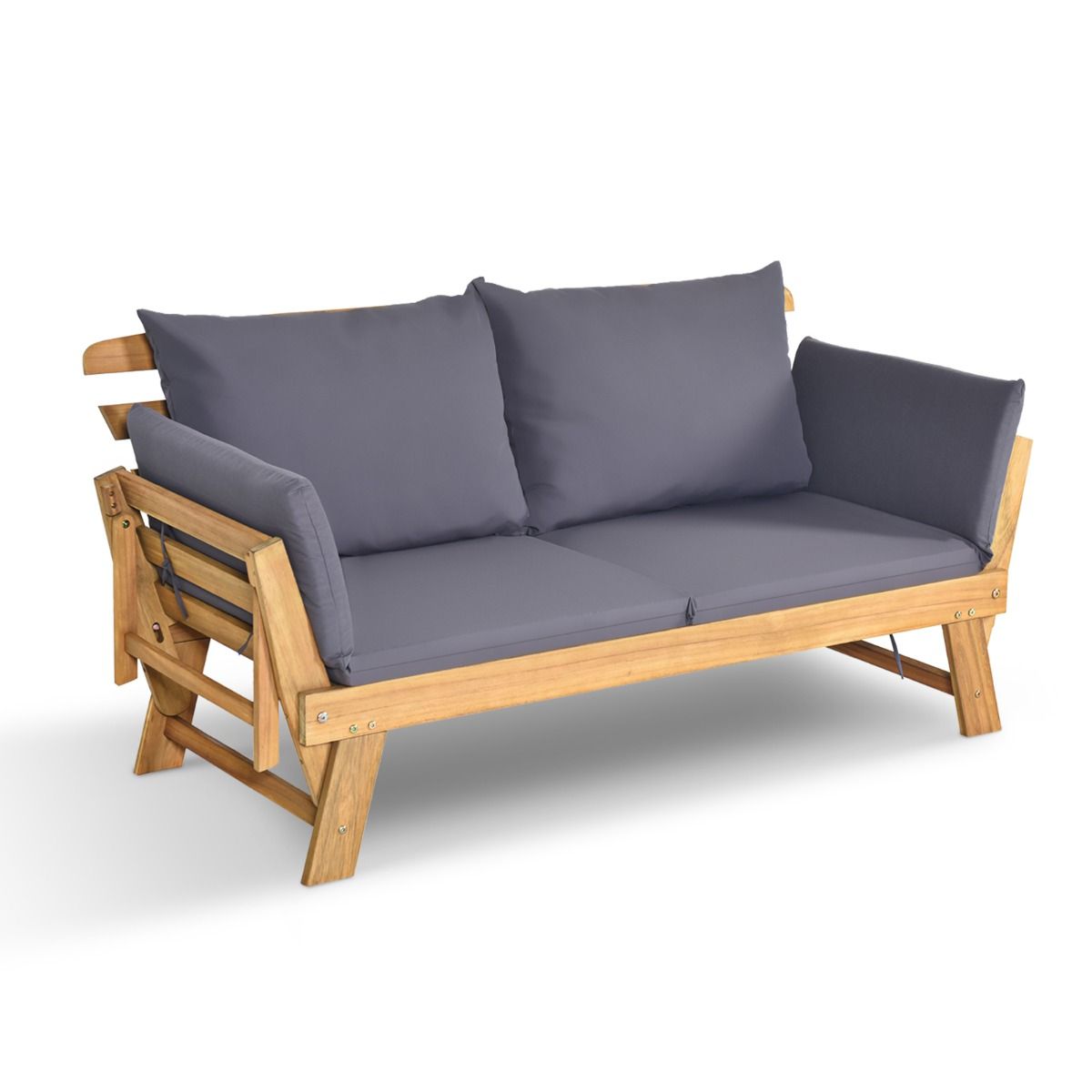 Chaise Longue Convertible avec Coussin Canapé de Jardin 2 en 1 en Bois d’Acacia avec Accoudoir Réglable pour Patio Piscine Jardin Blanc/Gris/Bleu/Rouge