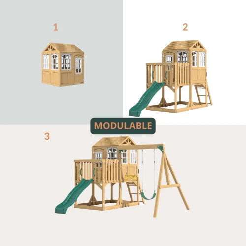 Aire de jeux enfant Montessori - 3 en 1 Balan?oire, Toboggan, Cabane en bois modulable
