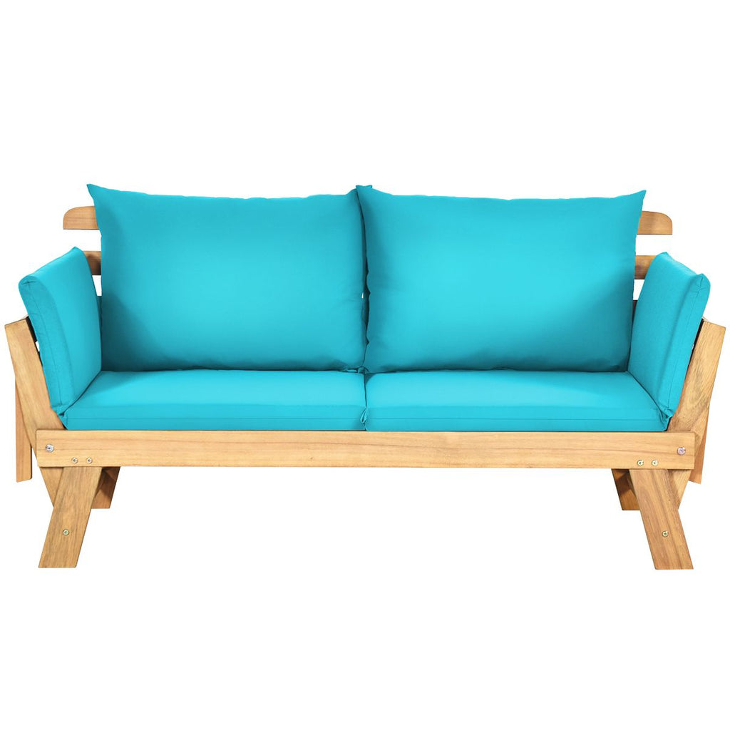 Chaise Longue Convertible avec Coussin Canapé de Jardin 2 en 1 en Bois d’Acacia avec Accoudoir Réglable pour Patio Piscine Jardin Blanc/Gris/Bleu/Rouge