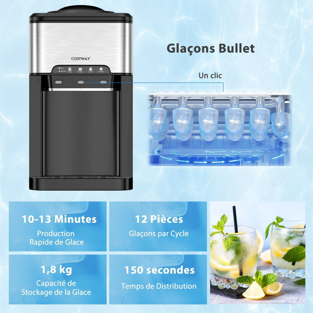 Machine à Gla?ons 3 en 1 avec Distributeur d'Eau Froide/Chaude 20 kg en 24h Cube de Glace 6-13 min pour Maison Bureau Bar