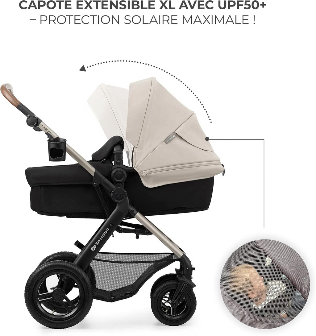 Kinderkraft MOOV2 Poussette 3 en 1, Système de voyage de la naissance à 27 kg, Siège auto Mink PRO I-Size inclus, Capote extensible avec filtre UPF50+, Accessoires pratiques, Gris