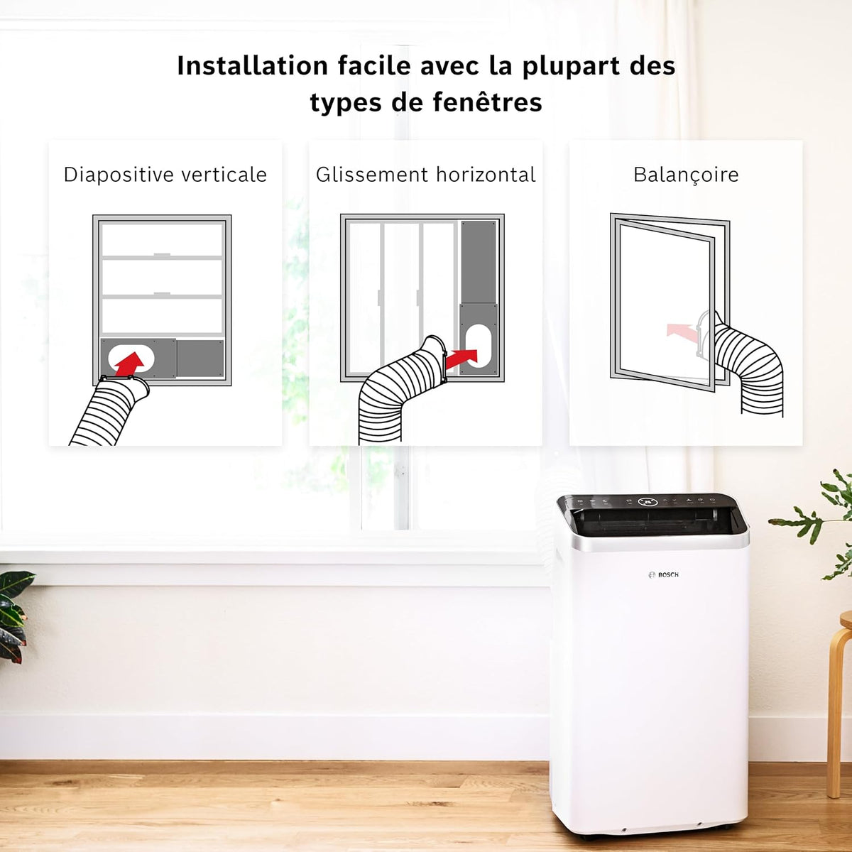 Bosch Cool 4000 Portable AC - 3 en 1 : Climatiseur, Déshumidificateur, Ventilateur - 2,6 kW pour les pièces jusqu'à 35m2 - Avec Mode Auto, Mode Silencieux et Mode Veille (48 db (A)) [Classe A+]