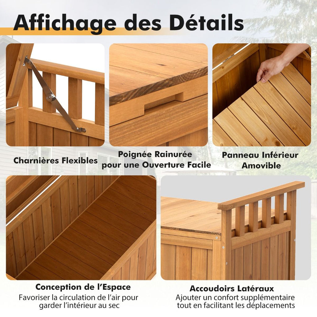 Banc de Rangement en Bois Banc d'Extérieur à 2 Places de 209 L avec Accoudoirs Coffre de Stockage en Bois Charge 100KG Naturel
